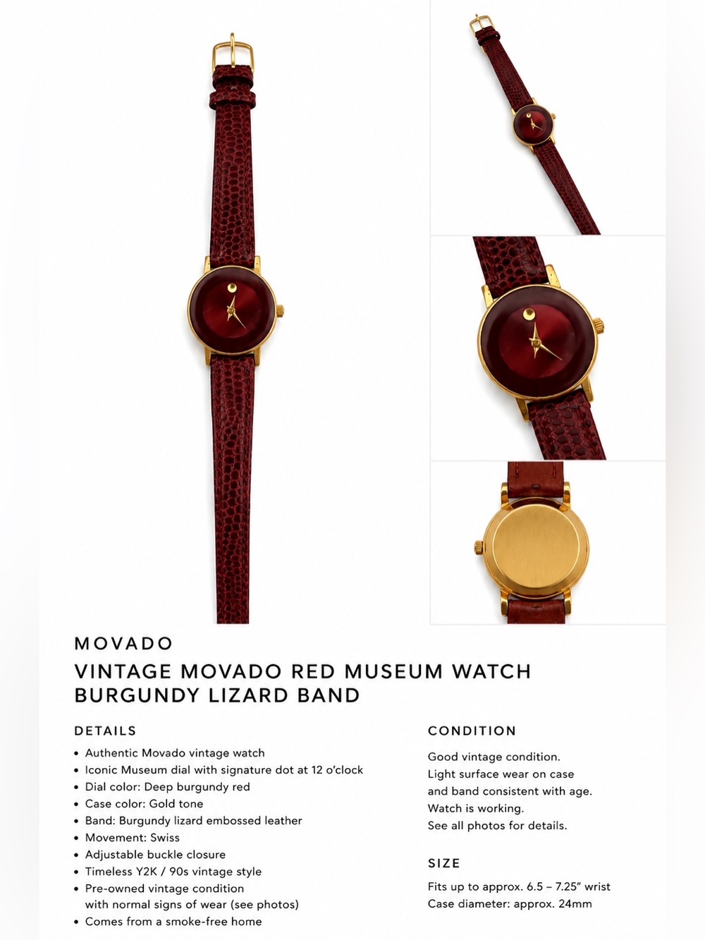 Movado Burgundy Leather Strap Watch with Gold-Tone Case